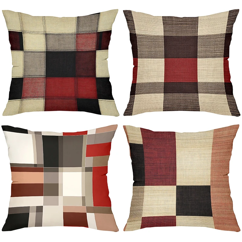 Patchwork Plaid Pattern Decorative Throw Pillow Cover 2D Printed Polyester Sofa Cushion Case for Modern Home Decor