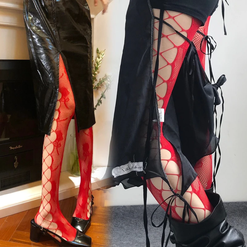 Summer Fashion Women Colored Floral-Patterned Neon Green Net Tights Fishnet Tights Leg Side Hollow Tights Ladies Nylon Pantyhose
