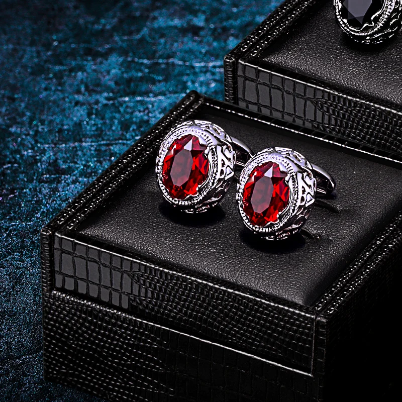 

KFLK Shirt Cufflinks for Men Designer Brand Red Crystal Cuff links Button High Quality Luxury Wedding Guests