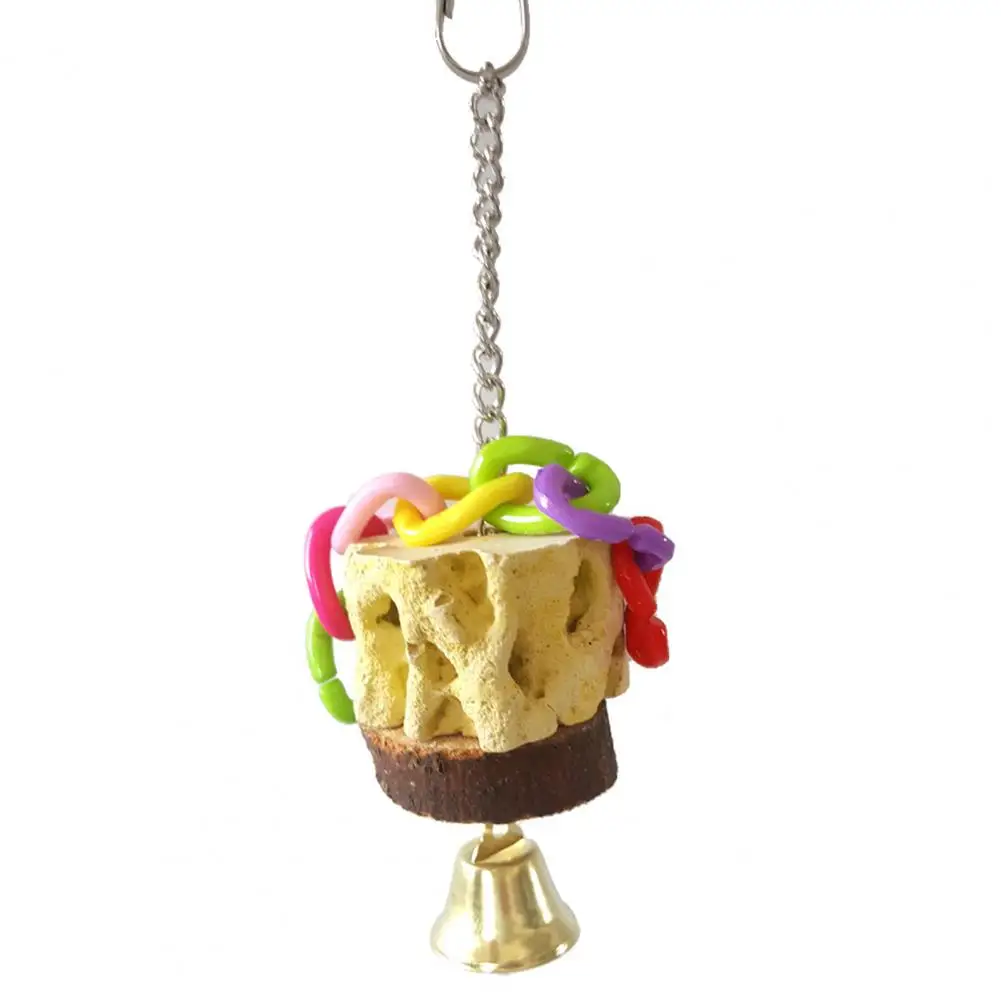 Pet Bird Chew Toy Natural Volcanic Stone Bird Chewing Toy with Bells Parrot Beak Grinding Calcium Stone Cage for Cockatiel