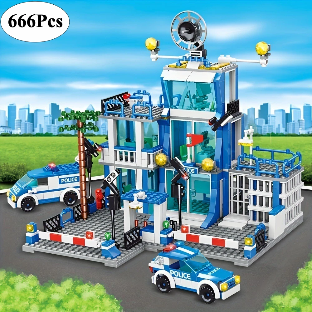 666 Uds. Estación de policía de ciudad modelo de bloques de construcción DIY montaje coche ladrillos juguetes educativos regalo de cumpleaños para niños adultos