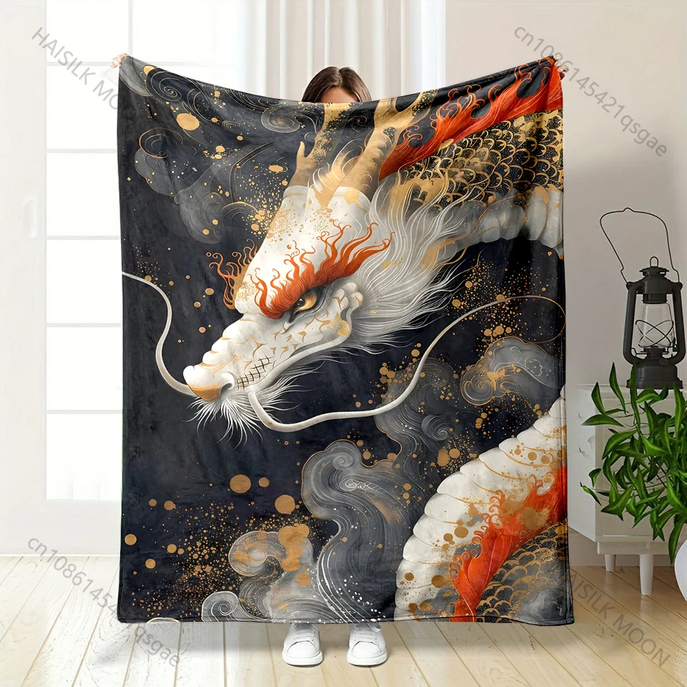 1PC Golden fiery oriental dragon printed blanket all seasons multi-purpose blanket suitable for sofa, camping, travel, car