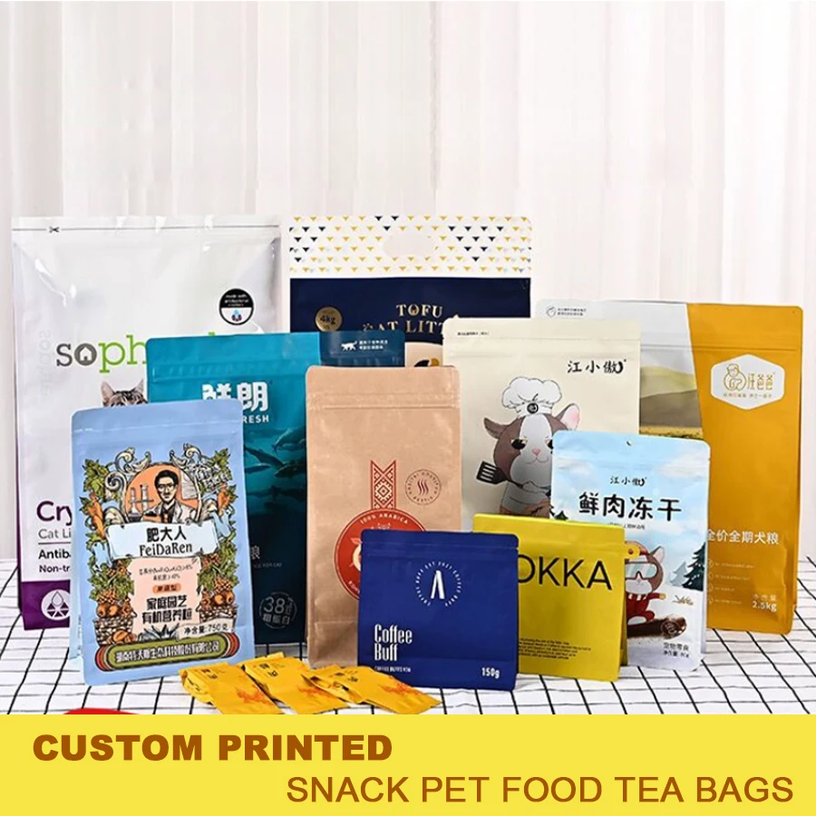 Bolsa de embalaje General de comida para perros y gatos con sello personalizado a prueba de humedad, bolsa autosellante de ocho lados compuesta de papel de aluminio para alimentos de plástico