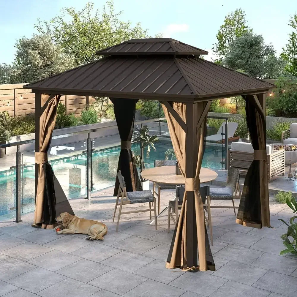Hardtop Gazebo 8x10 T, Metal Outdoor Gazebos with Galvanized Steel Double Roo, Curtains and Nettings, Permanent Gazebo Pavilion