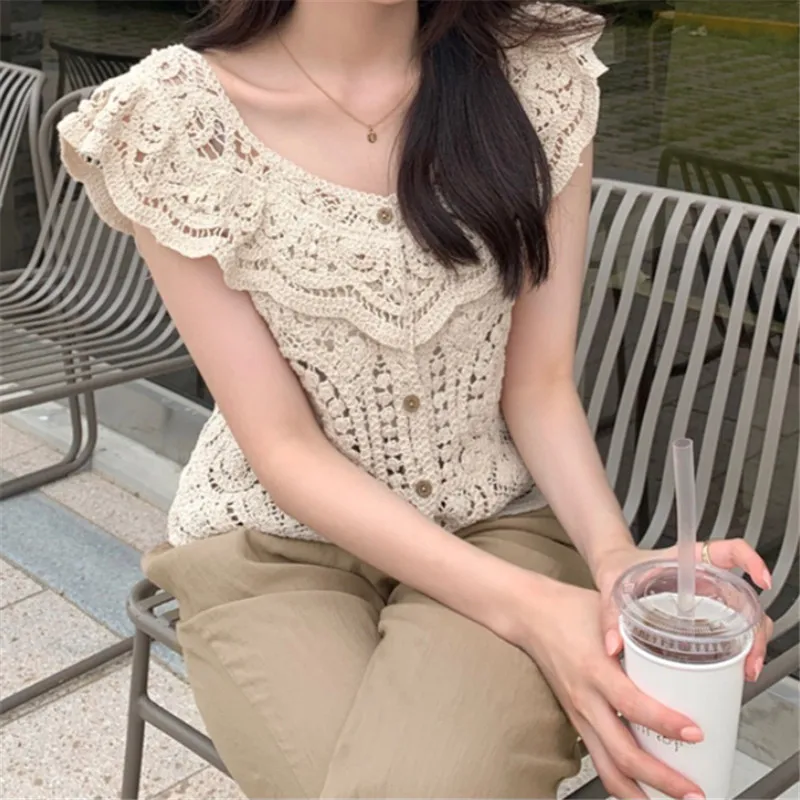 Floral Hollow Out Sleeveless Button Up Lace Blouse Women Summer Fashion Ladies Cute Back To The Basics Tops Female Dropshipping