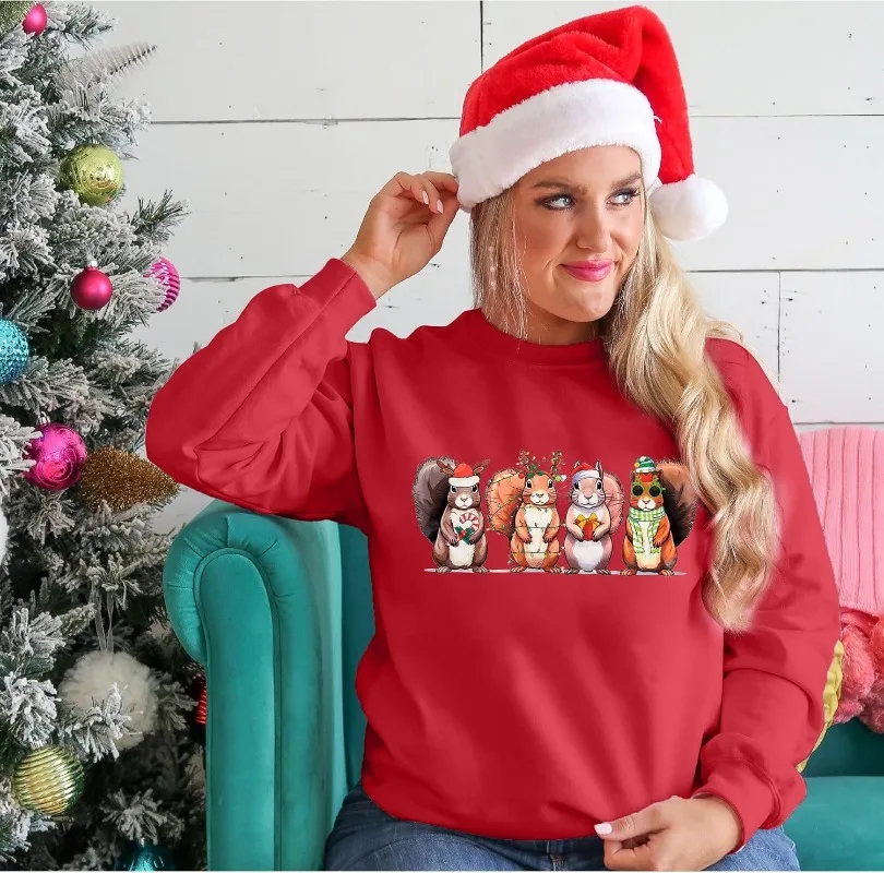 JINTING クリスマスプルオーバー 女性用 リス クリスマスライト スウェットシャツ かわいいクリスマスグラフィック 長袖プルオーバー 冬用パーカー