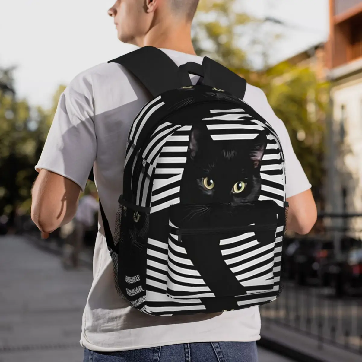 Funny Black Cat Strips Backpack Student BookBag Children School Bag Laptop Shoulder Bags for Boys Girls