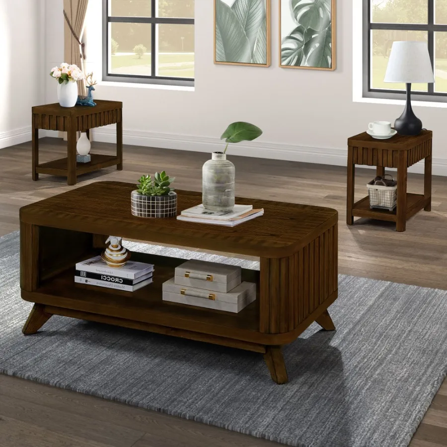 

Rectangular Living Room Coffee Table Set 3-Piece Living Room Table Set with Solid Wood Legs 1 Coffee Table and 2 End Table Wood