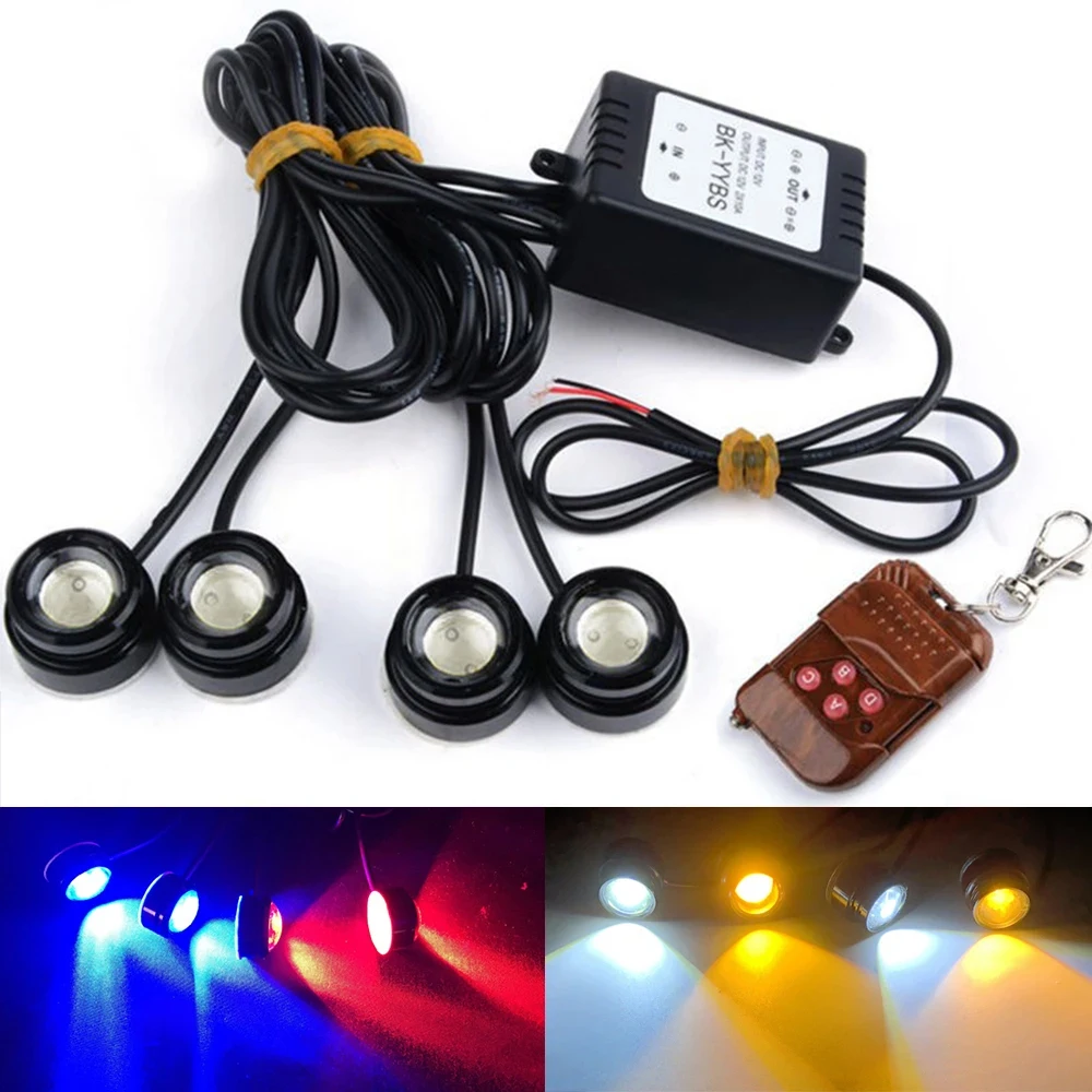 Car DRL 4 in 1 LED Eagle Eye Emergency Warning Strobe Light Wireless Remote Control Day Running Light For Truck Motorcycle 12V