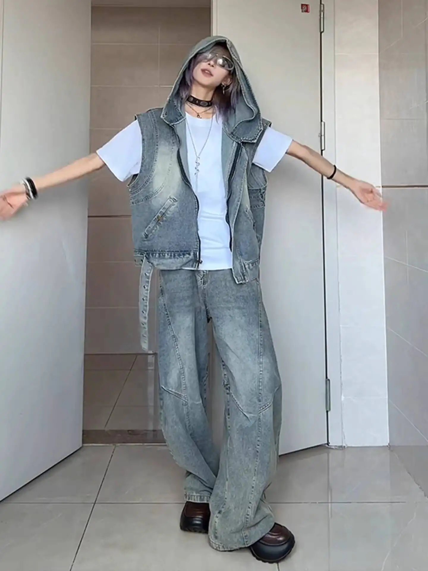 Unisex Denim Vest 2026 Cargo Denim Vest For Women Niche Design Hooded Cardigan Jacket American High Street Sleeveless Waistcoat