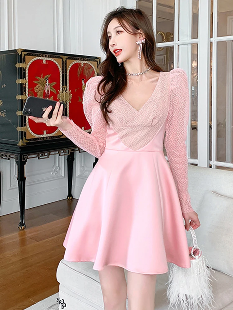 Spring Fashion Elegant Sweet Dresses for Women 2023 Sheer Mesh Satin Long Sleeve Mini Gown Party Date Birthday Vestidos Femme