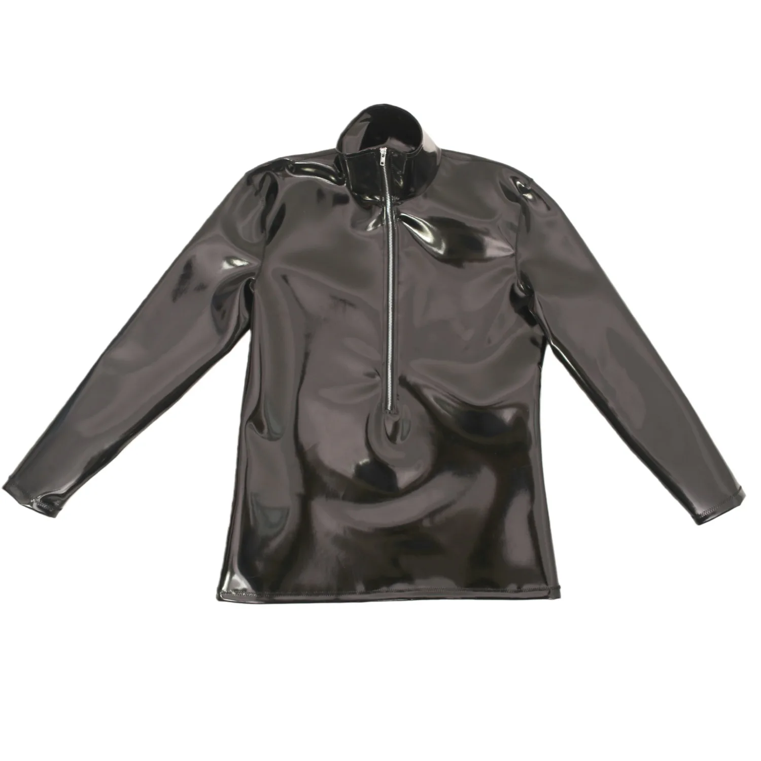 Sexy Men PVC Glossy Shiny Long Sleeve T-shirt Double Sided PU Club Dance Top Smooth Elastic Stage Wear Elastic Slim Tights