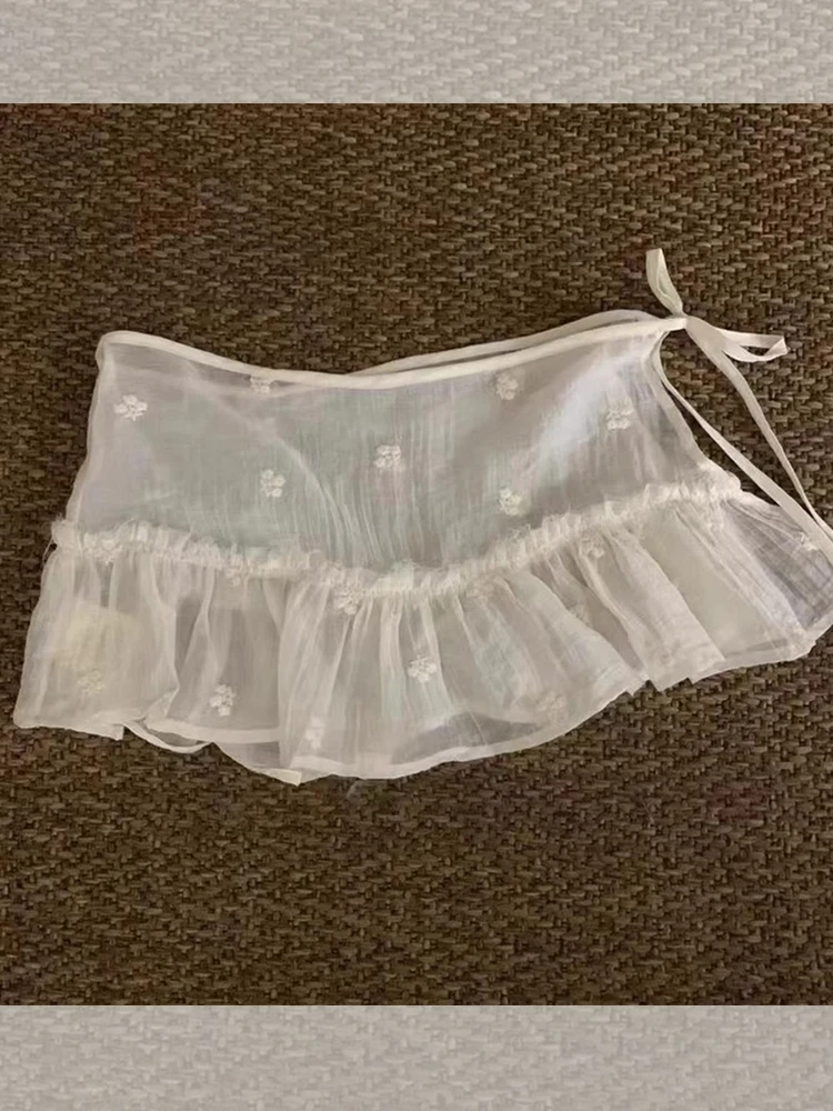 Women's Lace Apron Skirt One-Piece Embroidered Trim Waist Seal Layered Short Skirt Korean Style Commute Pure Color