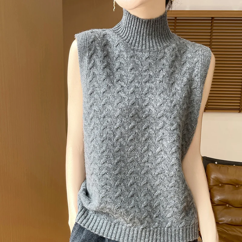 Autunno Inverno Nuovo Dolcevita Gilet Maglione di Cachemire 100% Lana Merino Pullover Senza Maniche di Base di Colore Solido Abbigliamento Casual Top
