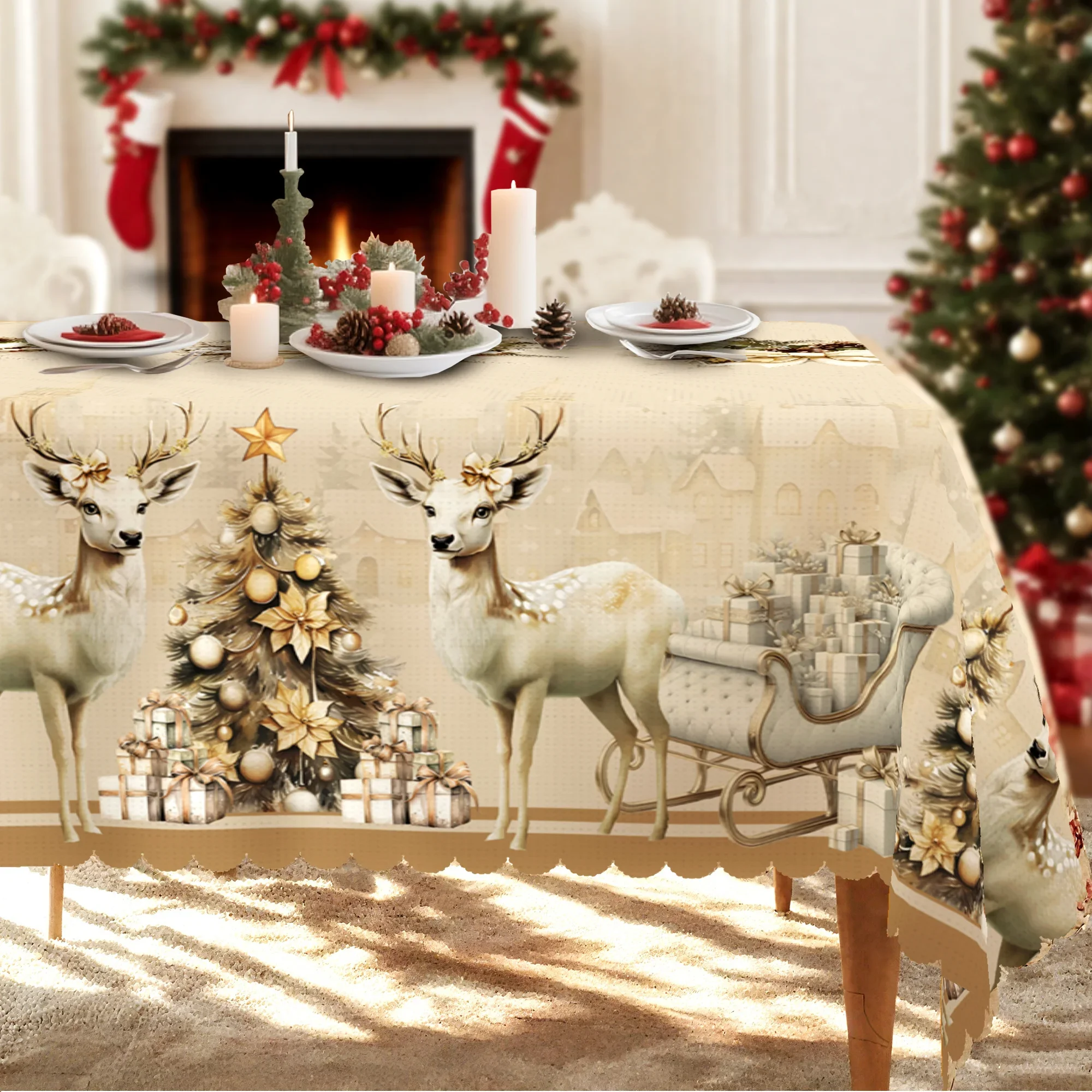 Christmas, country-style tablecloth, rice, white decorations, deer, Christmas tree and sleigh, European stylezyc