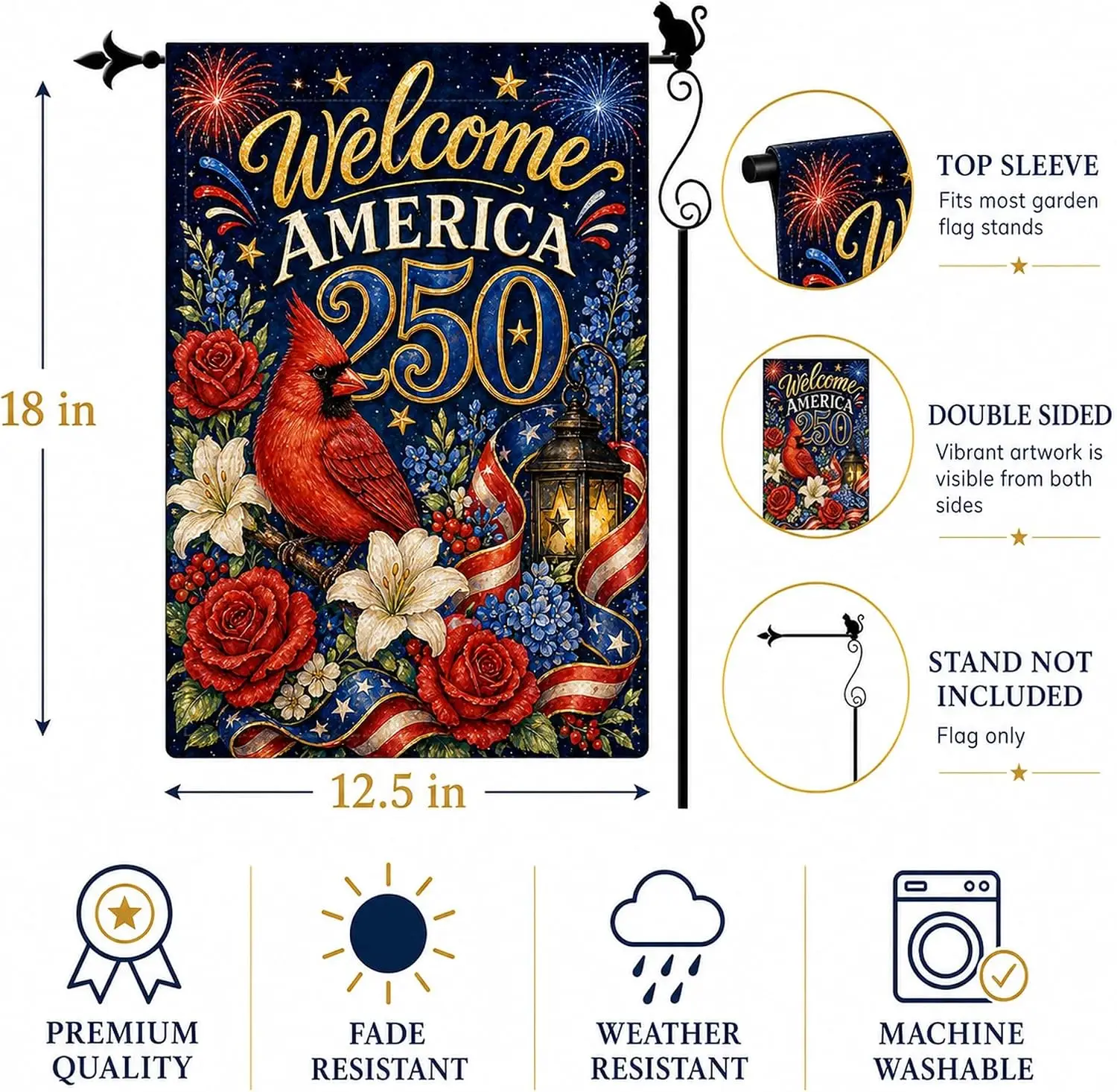 Welcome America 250 Patriotic Cardinal Night Garden Flag, Double Sided Outdoor Yard Flag, 12 x 18 Inch Burlap Porch Patio La llp