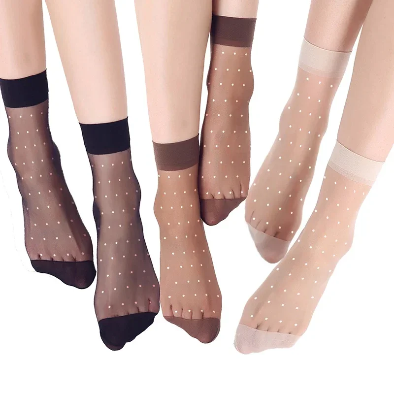 20Pcs=10Pairs Dot Silk Socks Women Transparent Thin Breathable Summer Nylon Short Stock Female Non-Slip Stretch Ankle Sexy Sock