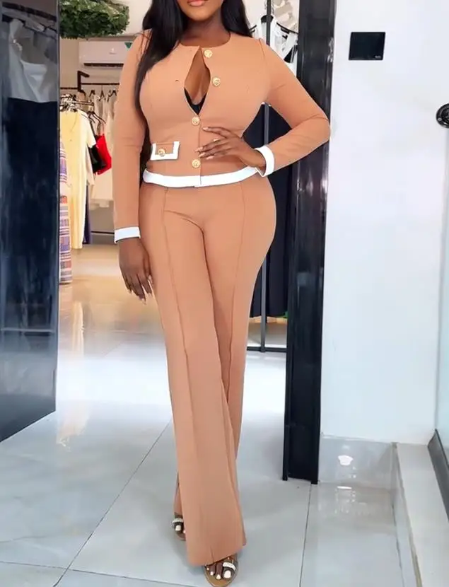 

2-piece contrasting splicing single breasted detail crop top and elastic waist front high waisted pants commuter set