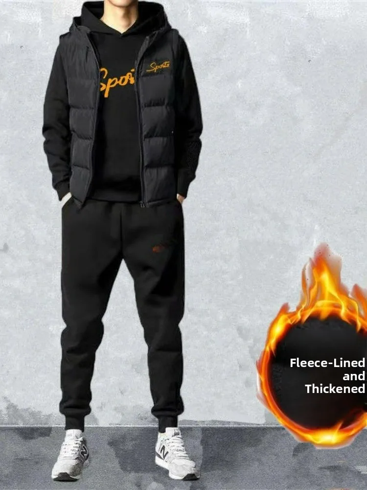 

Men's Winter Fce Lined Thi Hoodie Sweatirt Casual Spor Sle Teenage Tee-piece Set Trendy Korean Version Vest