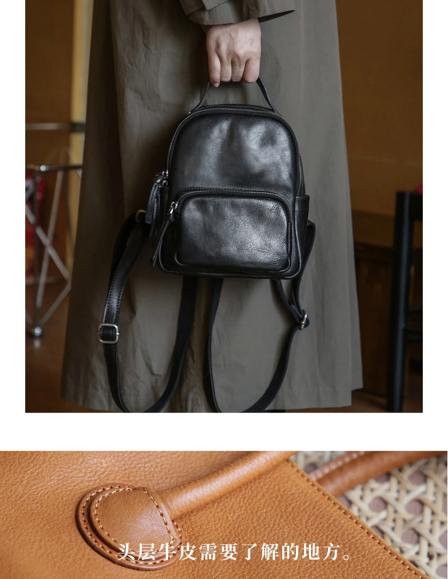 Lässiger Party-Rucksack aus Rindsleder für Damen, kleiner Designer-Rucksack, handgefertigt, weiches Echtleder, niedlicher Damen-Bücherrucksack – Detail 16