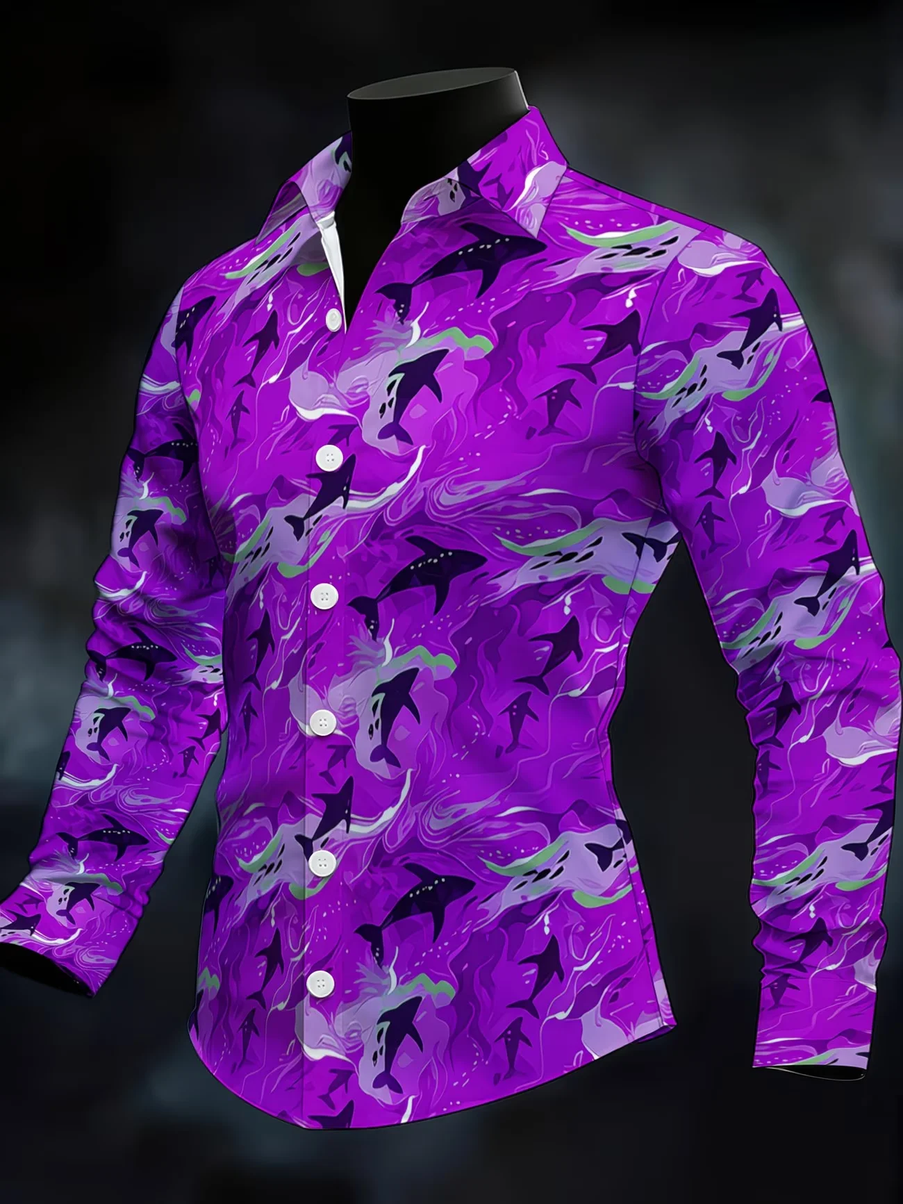 

New black background ethnic style geometric pattern men's long sleeved shirt Bohemian style retro casual flower shirt