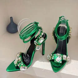 Liyke Sexy Green Cross Ankle Strap Sandals Women Party Club Stripper Heels High Quality Crystal Diamond Pointed Toe Wedding Shoe