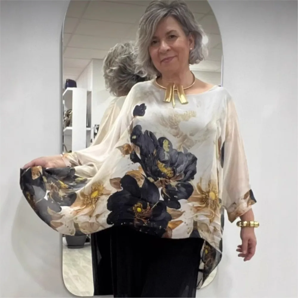 

Summer New Fashion Oversize Top Shirt Loose Round Neck Long Sleeve Large Flower Print Plus Size Blouse Women's Elegance Clothing