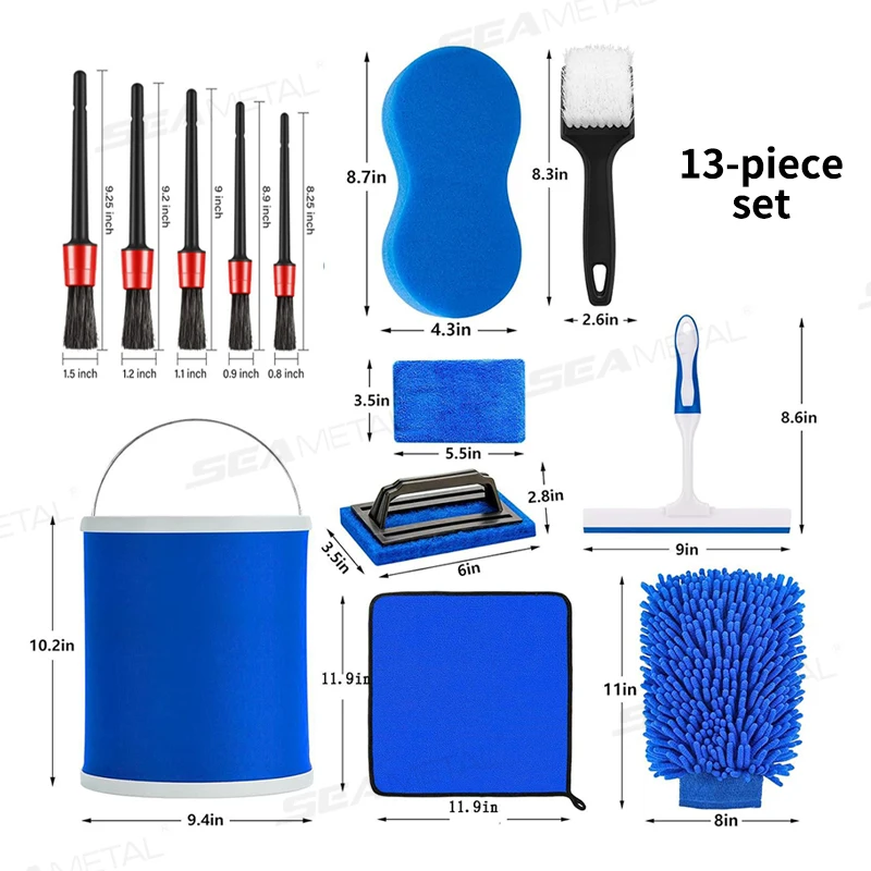 SEAMETAL 13pcs Car Cleaning Brush Set Multifunctional Brush Set Car Detail Cleaning Gloves with Towel Sponge Car Care Tools - Image 5