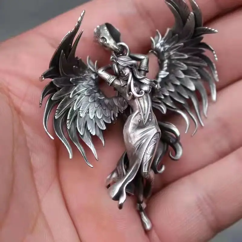 Personality Angel Goddess Pendant Necklace Silver Color Evil Spirit Demons Wings Angel Necklace Vintage Jewelry for Men Women