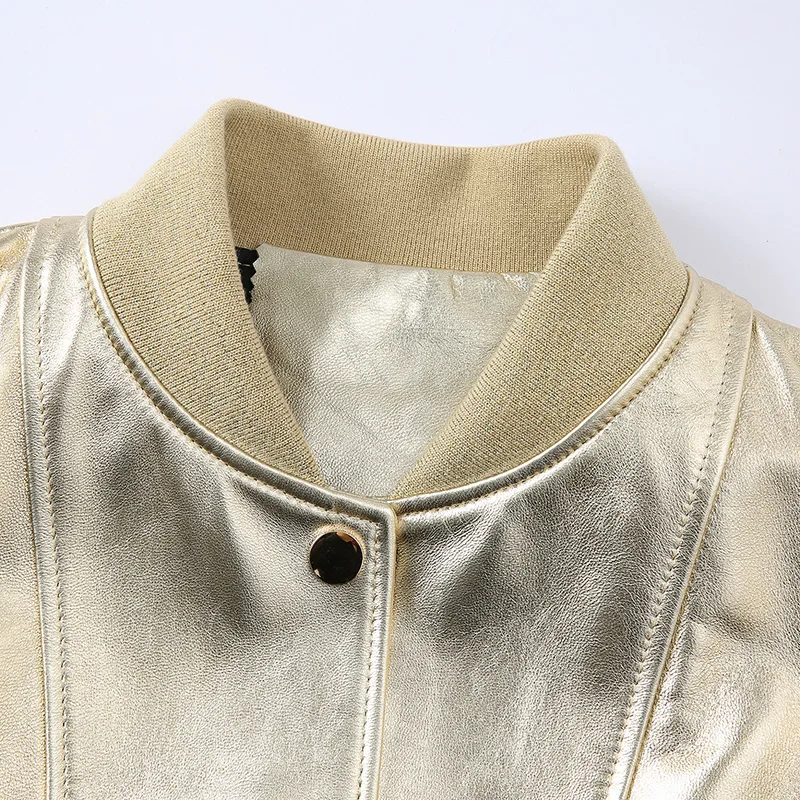 Chaqueta de piel de oveja auténtica para mujer, abrigo de motorista corto, reflectante, liso, de una sola botonadura, ropa de calle, invierno, 2024,