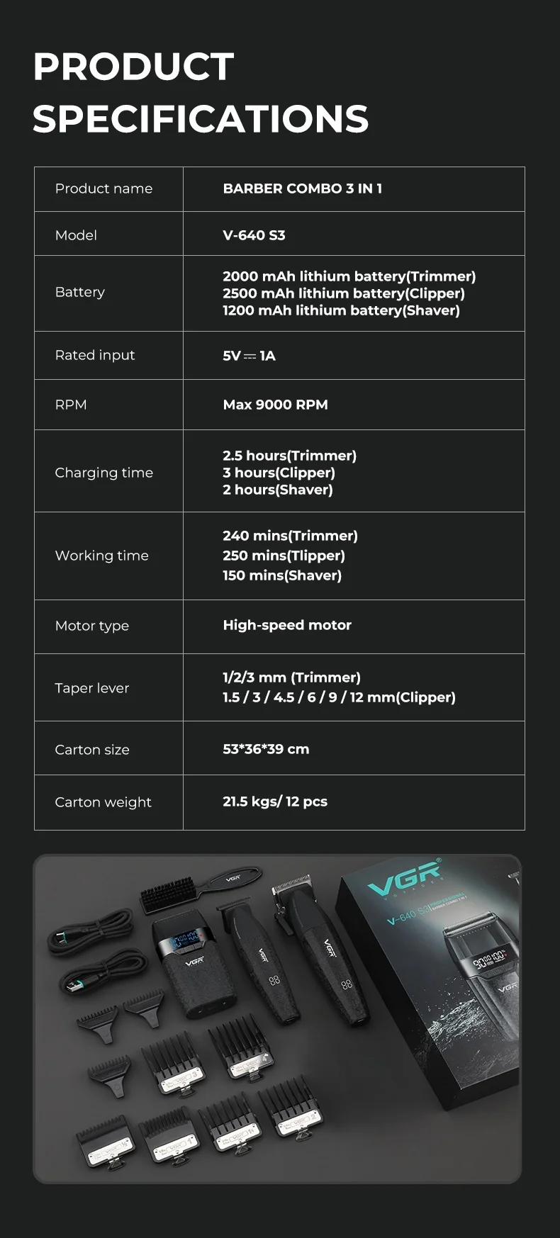 VGR Haartrimmer Profi-Haarschneidemaschine Wiederaufladbar Elektrischer Haarschneider Rasierer Barbier-Set 3-in-1 Trimmer für Herren V-640 S3 – Detail 10