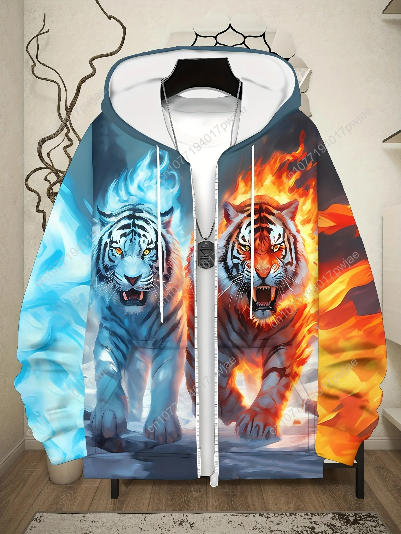 [Tiger Print Hooded Sweatshirt] Men's Tiger Print Casual Hooded Sweatshirt with Zipper | Autumn and Winter Outdoor Jacket, Draws