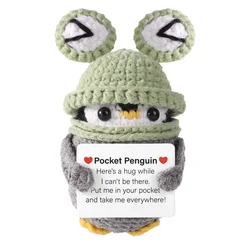 Funny Positive Penguin Doll with Frog Hat Encouraging Card Cute Handmade Knitted Penguin Doll Party Gift Home Room Decoration