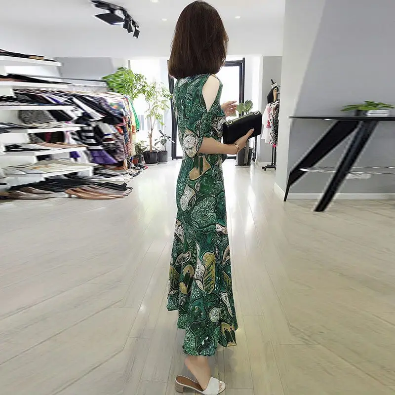 Folk Vintage Paisley Printed Dresses Elegant V-Neck Drawstring Female Clothing Summer Fashion Cut Out Off Shoulder Long Dress