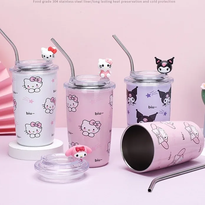 

450Ml Sanrio Cartoon Melody Kuromi Hello Kittty Stainless Steel Portable Thermos Cup Student Water Cup Straw Cup Kid Gift