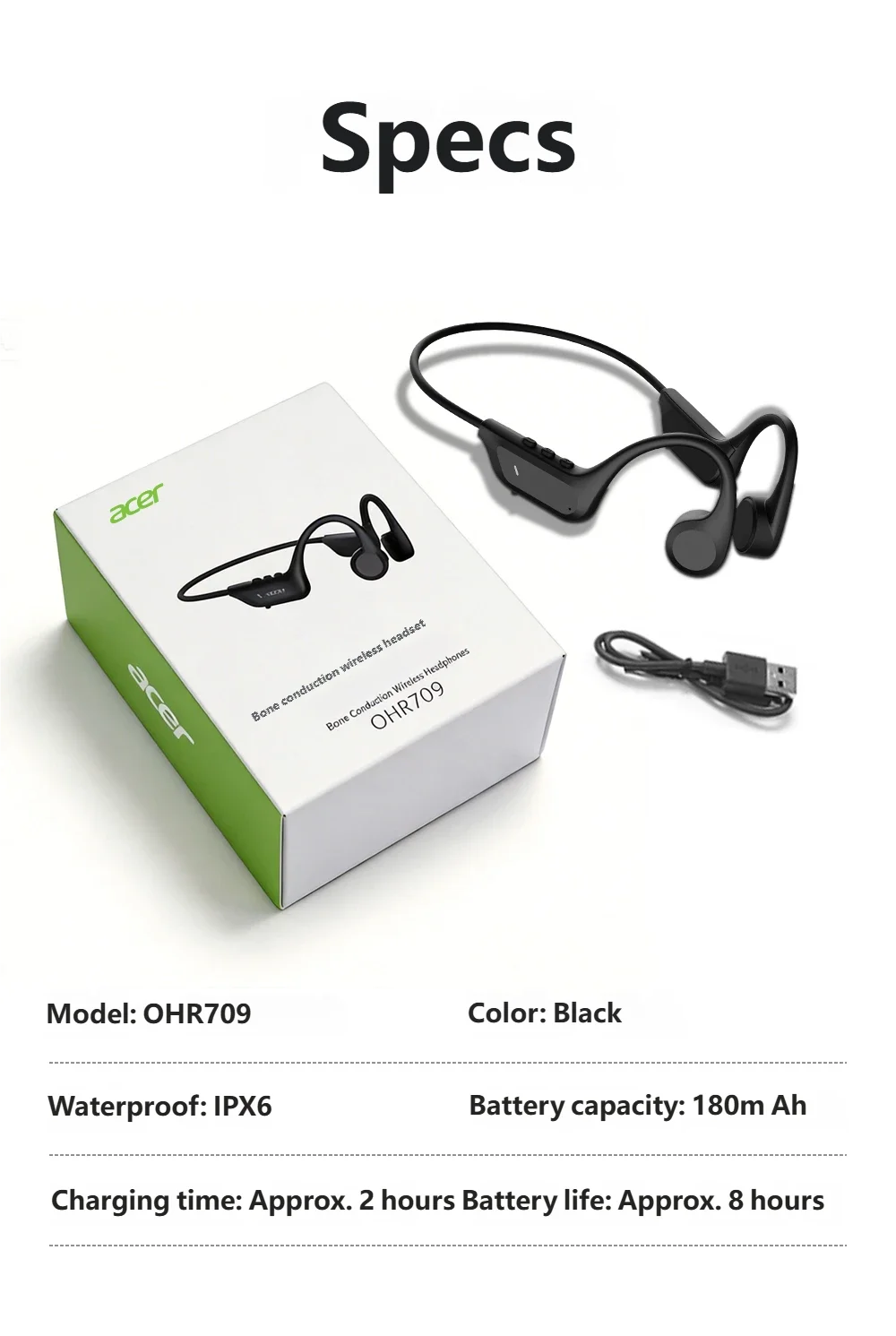Original Acer OHR709 Knochenleitungs-Kopfhörer Bluetooth 5.4 Kabelloses Headset Wasserdichte Ohrbügel-Sportkopfhörer mit Mikrofon – Detail 9