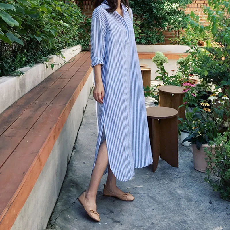 Bleu blanc rayé taille cintrée irt Dr femmes ample longue coton coréen Sle col de trajet t-shirt bouton Long Sle...