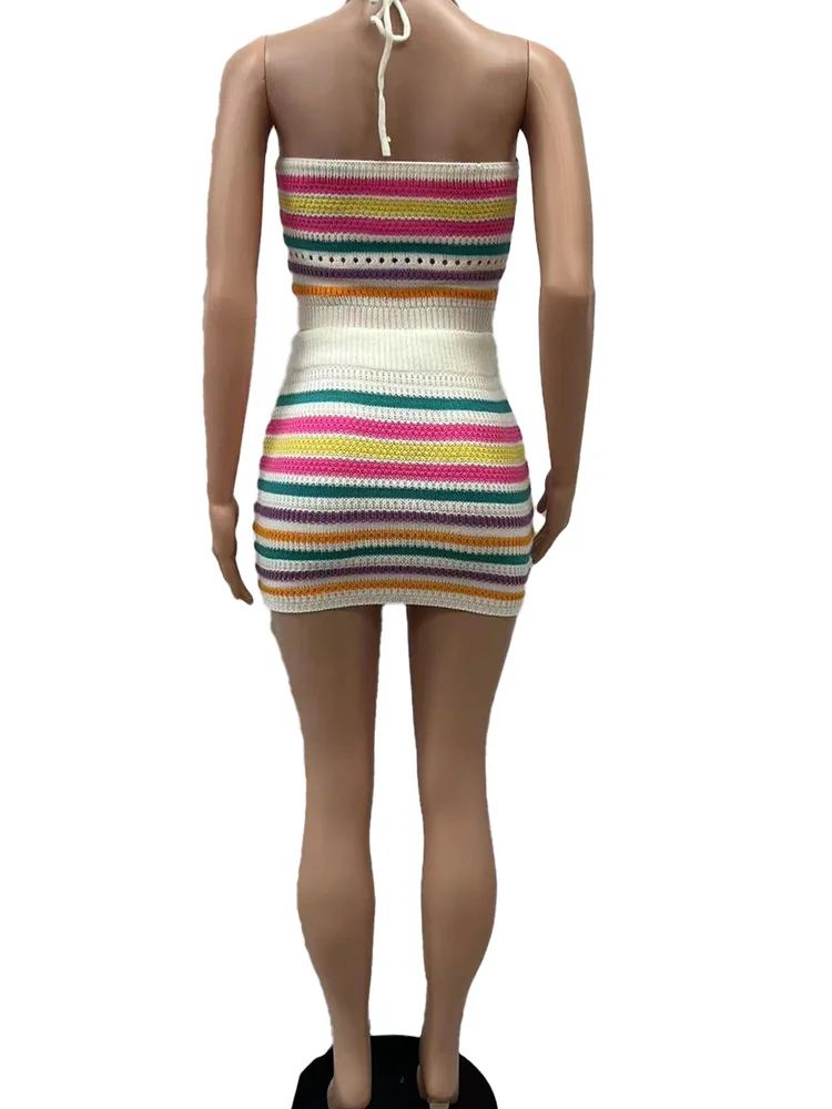 Beyprern Elegancki dwuczęściowy zestaw w paski dla kobiet Halter Lace-Up Crop Top + Dopasowane szorty Zestaw plażowych strojów kąpielowych