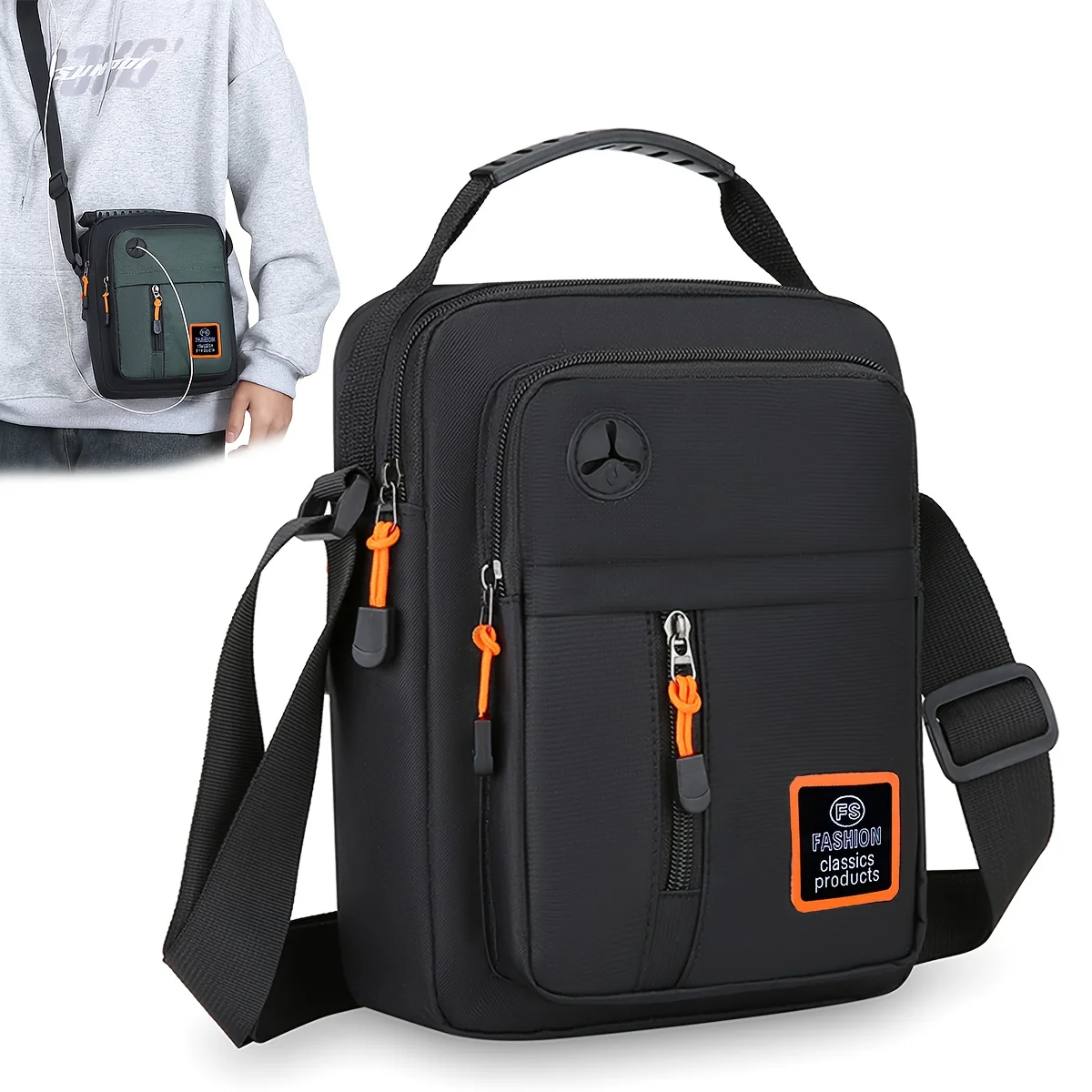 Stylish Men's Crossbody Bag with Headphone Jack, Multiple Pockets, Adjustable Strap, Ideal for Casual, Vacation Travel, Holiday