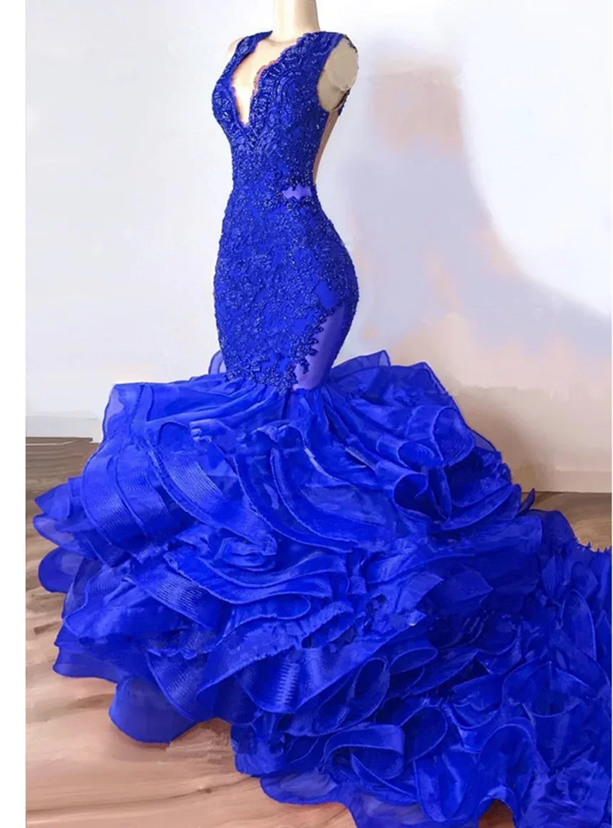 Customized Africa Deep V Neck Royal Blue Mermaid Lace Appliques Lace Up Back Fish Tail Real Photo Wedding Dress