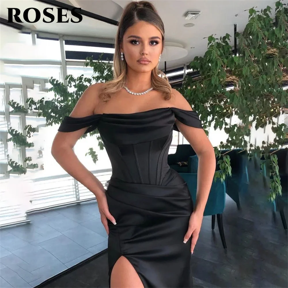 ROSES-Off the Shoulder Vestido Sereia, Vestido de Noite Preto, Mancha Prom Dress com Split Strapless Plissado, até o chão,