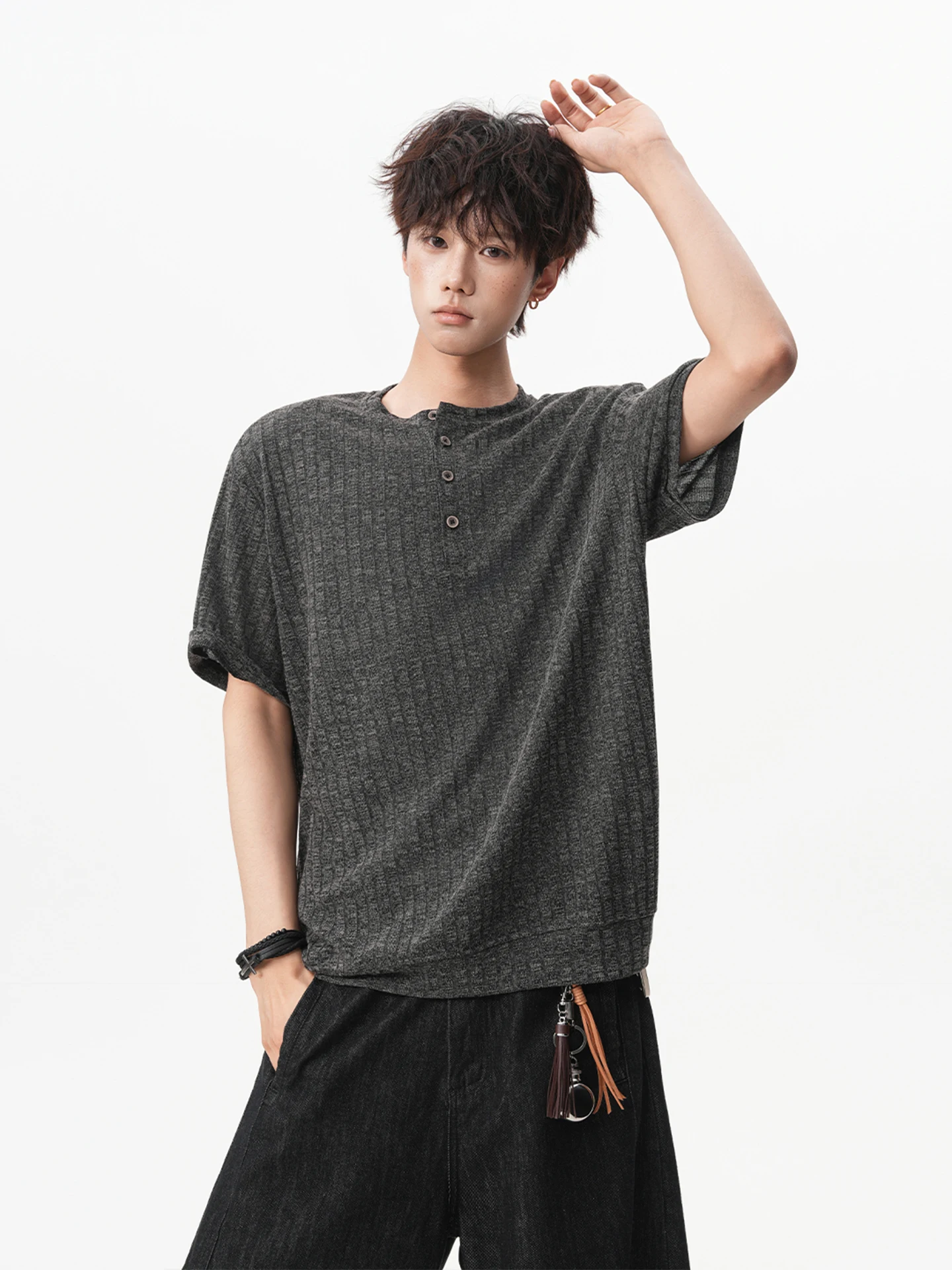 Loose Fit Knitted Henry Collar T-Shirt Men's Summer  Color Short Sleeve Comfortable Soft Polyester Blend Casual Top