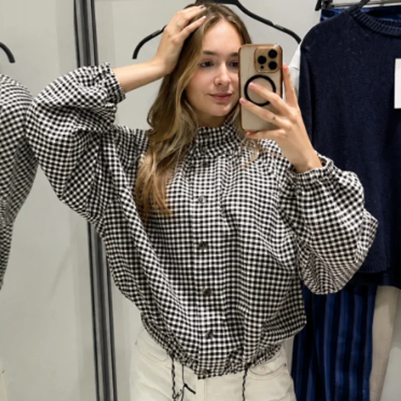 HXAO Gingham Cropped Jacke für Damen, Knopfverschluss, Übergroße Bomberjacke für die Übergangszeit, Vintage-Chic, Langarm-Oberteil, Karierter Mantel – Detail 9