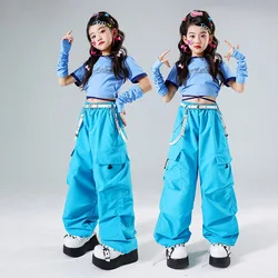 Girls Hip Hop Crop Top Street Dance Blue Cargo Pants Kids Streetwear Lovely Outfits Child Jazz Cheerleader Costumes Clothes Sets