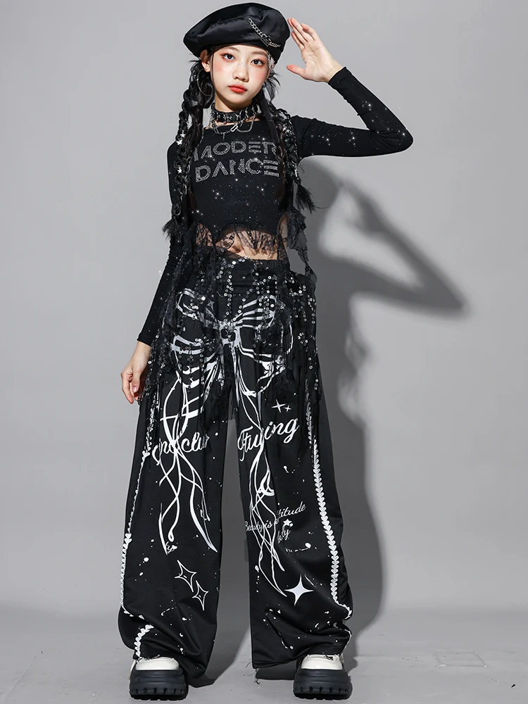 

New Jazz Dance Clothes for Girls Kpop Black Tops Fashion Pants Long Sleeve Hip Hop Dance Costume Group Stage Performance Outfits