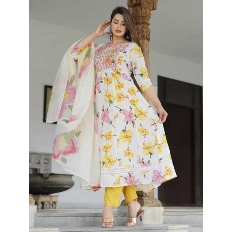 

Beautiful Flower Printed Cotton Fabric New Arrival Anarkali Kurti Pant &Dupatta