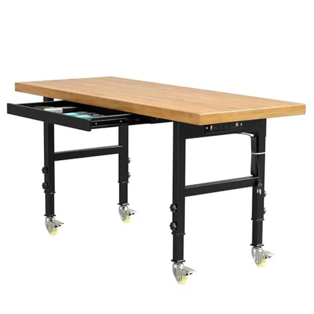 Solid Wood Workbench with Integrated Power Strip Drawers Wheels Adjustable Height Heavy-Duty Portable Work Table 3000 Lbs