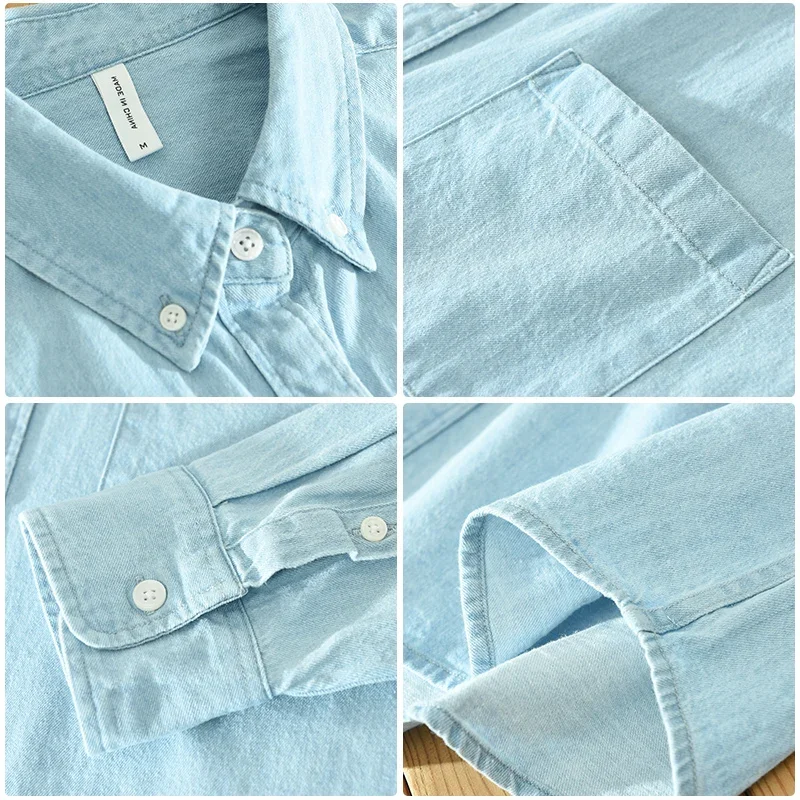 Men Blue Denim Shirt Long Sleeve Soft Cotton Pockets Loose Slight Elastic Jean Tops Male Cowboy Button Shirt