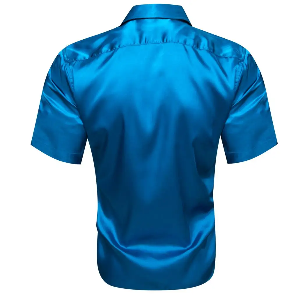 Luxury Men\'s Shirts Short Sleeve Silk Solid Satin Blue Gold Teal Green Gray Pink Slim Fit Casual Summer Tops Clothes Barry Wang