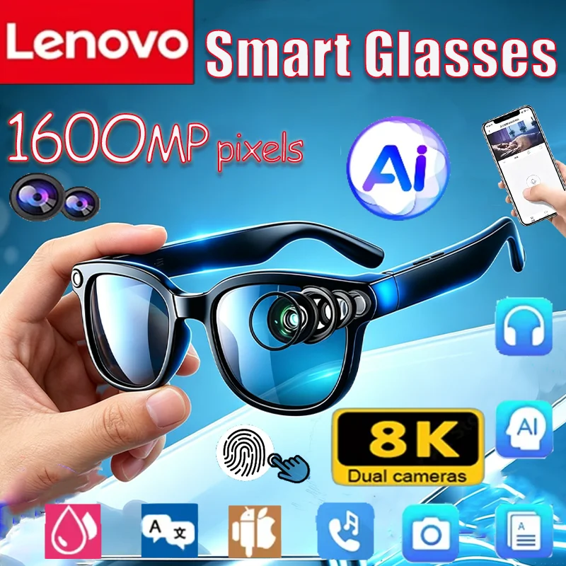 

Lenovo Smart AI 8K Camera Sunglasses Multifunctional Translate Bluetooth Call Music Player Voice Assistant Glasses For Women Men